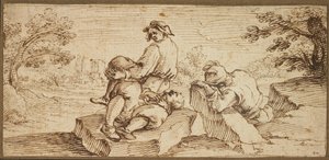 Trois figures reposant dans un paysage - Ercole Bazzicaluva